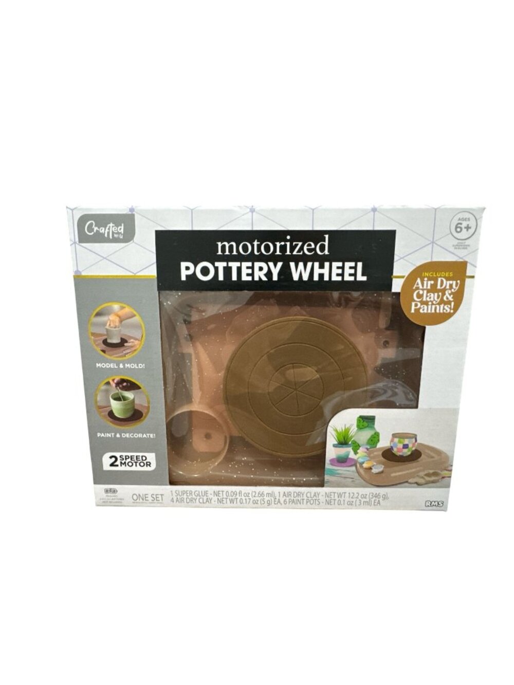 Motorized Pottery Wheel Kit With Air Dry Clay & Paints For Ages 6+ - 2 Speed Mot